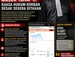 Hampir 4 Bulan Berjalan, Perkara Aipda Slamet Hutoyo Masuk Tahap II, Kuasa Hukum Korban Desak Segera Ditahan